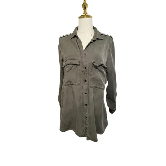 Zara Basic Studded Shoulder Lyocell Button-Down Shirt Size L - Picture 3 of 8